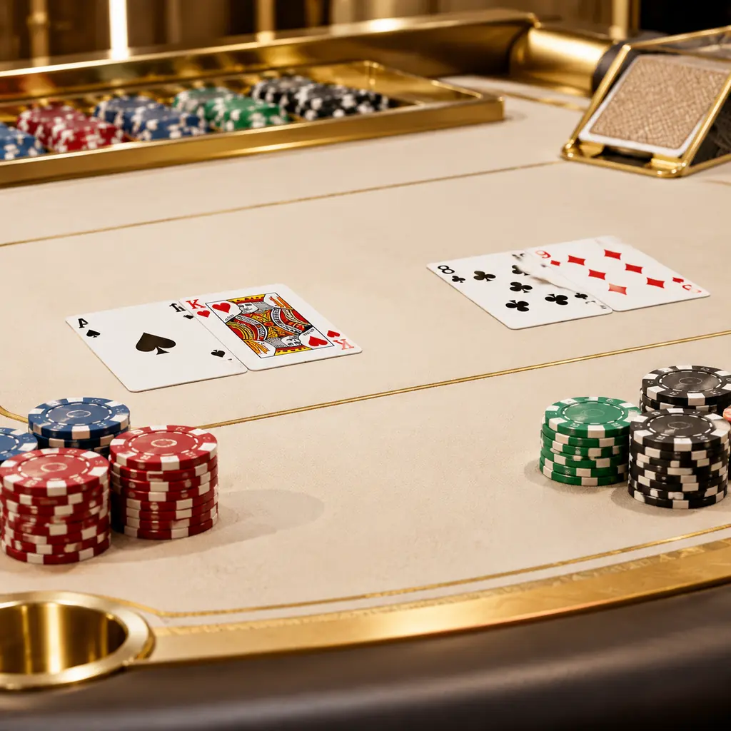 Kartu dan tumpukan chip pada meja baccarat