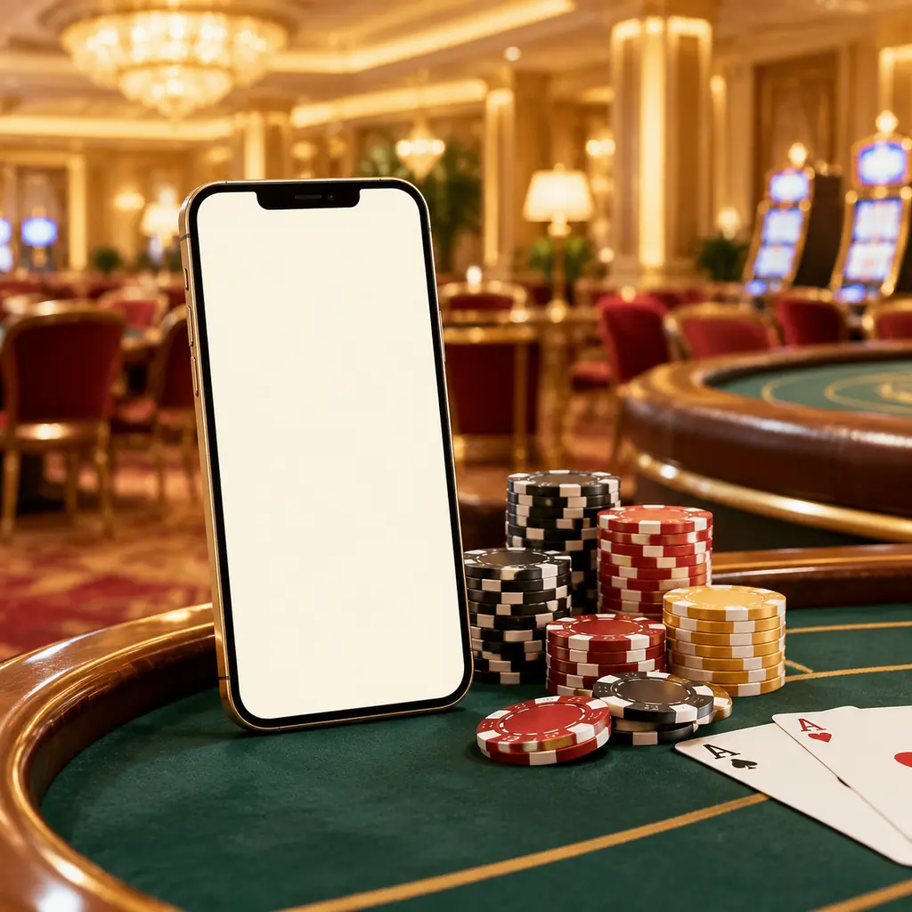 Ponsel di dekat chip dan meja kartu kasino