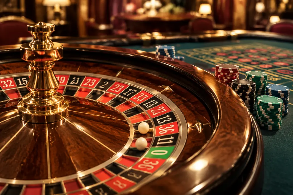 Roda roulette dan chip di dekat bidang taruhan